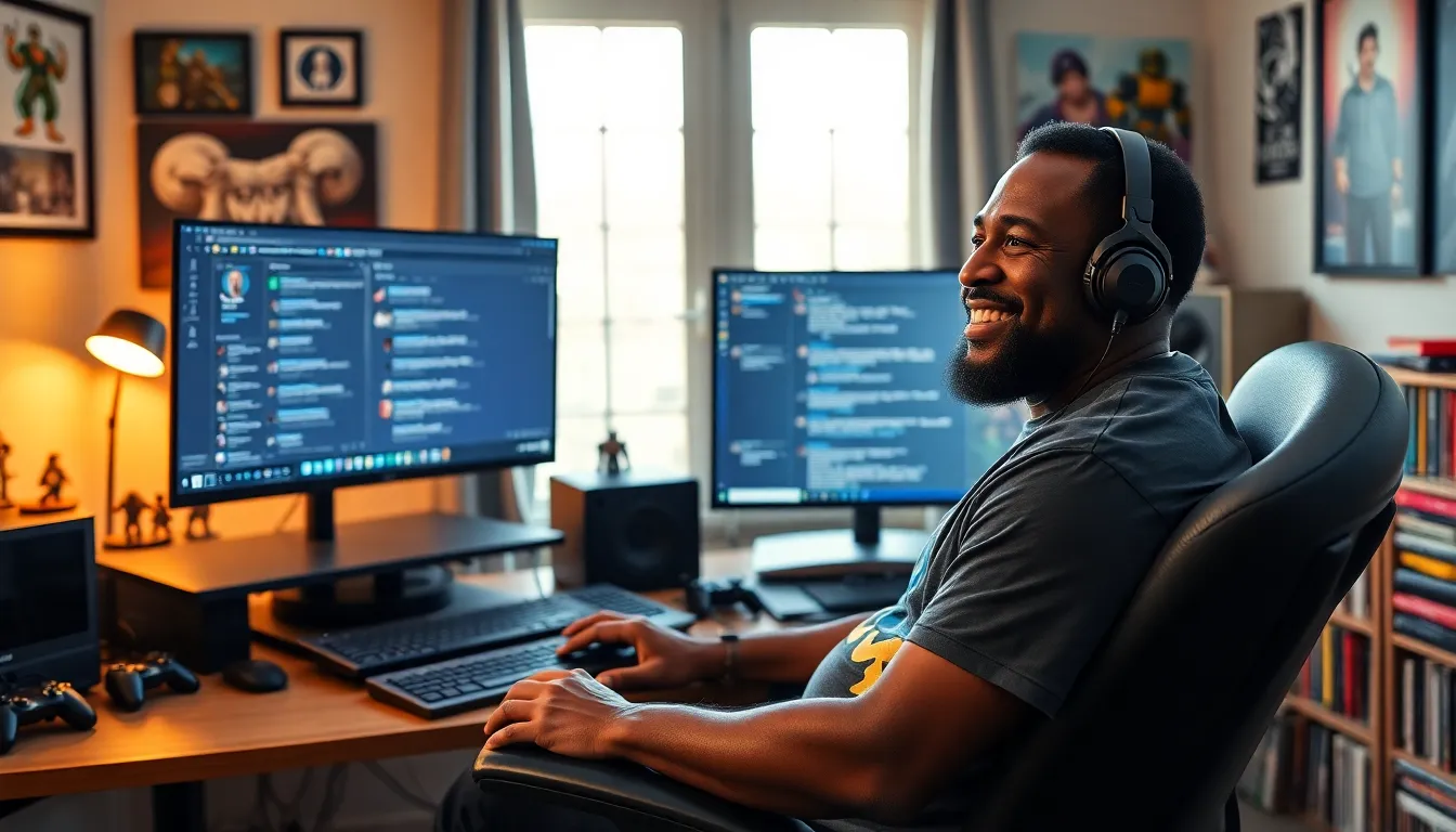 Larry Nando engaging with his gaming community in a cozy office.