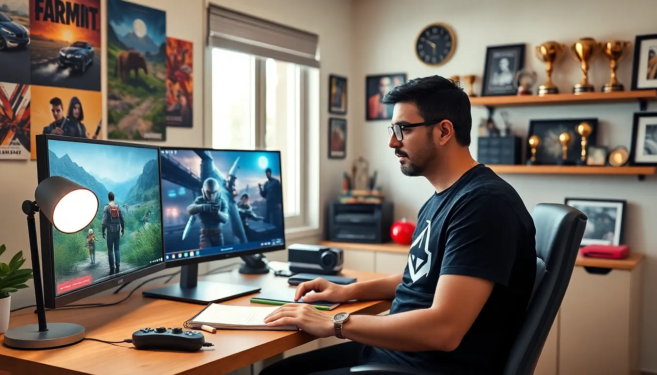 Larry Nando working in his gaming-focused home office.