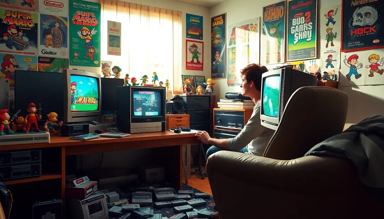 a gamer playing NES with Nintendo memorabilia in a nostalgic room.